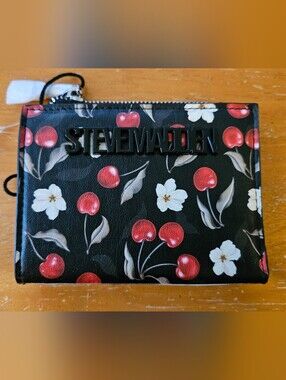 Steve Madden Black Cherry Floral Zip Card Wallet